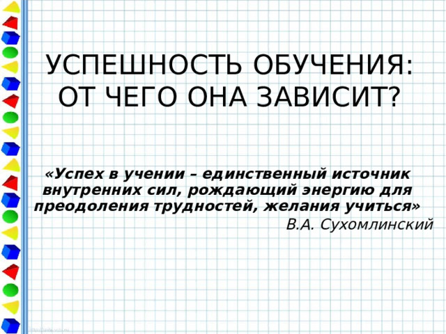 УСПЕШНОСТЬ ОБУЧЕНИЯ:  ОТ ЧЕГО ОНА ЗАВИСИТ? «Успех в учении – единственный источник внутренних сил, рождающий энергию для преодоления трудностей, желания учиться» В.А. Сухомлинский 