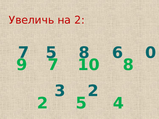 Увеличь на 2:   7 5 8 6 0 3 2   9 7 10 8 2 5 4 