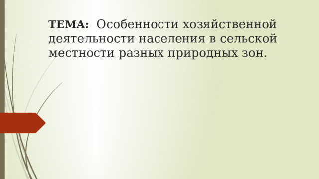 ТЕМА: Особенности хозяйственной деятельности населения в сельской местности разных природных зон. 