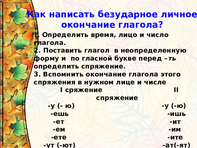 Как написать безударное личное окончание глагола? 1. Определить время, лицо и число глагола. 2.  Поставить глагол в неопределенную форму и  по гласной букве перед – ть определить спряжение. 3. Вспомнить окончание глагола этого спряжения в нужном лице и числе  I сряжение   II спряжение -у (- ю) -у (-ю)  -ешь -ишь -ет -ит -ем -им -ете -ите -ут (-ют) -ат(-ят) 