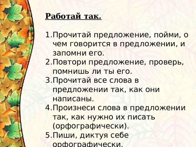 Работай так.  Прочитай предложение, пойми, о чем говорится в предложении, и запомни его. Повтори предложение, проверь, помнишь ли ты его. Прочитай все слова в предложении так, как они написаны. Произнеси слова в предложении так, как нужно их писать (орфографически). Пиши, диктуя себе орфографически. Проверь себя. Читай написанное и сверяй с печатным текстом. 