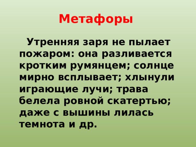 Метафоры Утренняя заря не пылает пожаром: она разливается кротким румянцем; солнце мирно всплывает; хлынули играющие лучи; трава белела ровной скатертью; даже с вышины лилась темнота и др. 