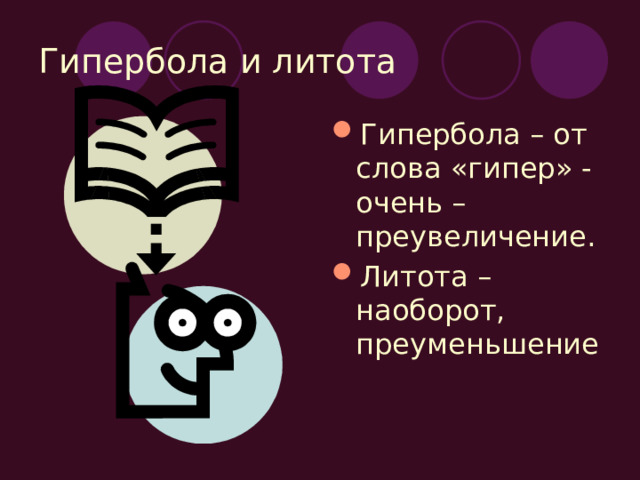 Гипербола и литота Гипербола – от слова «гипер» - очень – преувеличение. Литота – наоборот, преуменьшение 