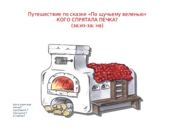 Путешествие по сказке «По щучьему веленью»  КОГО СПРЯТАЛА ПЕЧКА?  (за;из-за; на) Кого спрятала печка? Где Емеля ? Где щука ? А сейчас? 