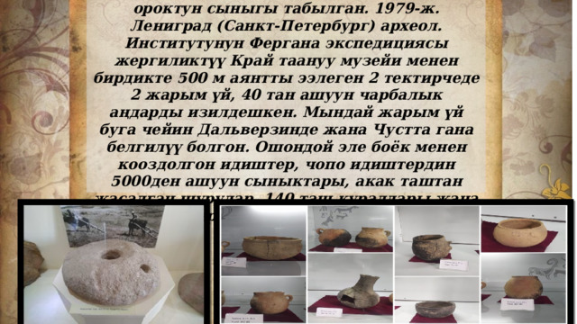 Чарбалык буюмдары коюла турган оюкчалардан коло шибеге, жаргылчак, таш ороктун сыныгы табылган. 1979-ж. Лениград (Санкт-Петербург) археол. Институтунун Фергана экспедициясы жергиликтүү Край таануу музейи менен бирдикте 500 м аянтты ээлеген 2 тектирчеде 2 жарым үй, 40 тан ашуун чарбалык аңдарды изилдешкен. Мындай жарым үй буга чейин Дальверзинде жана Чустта гана белгилүү болгон. Ошондой эле боёк менен кооздолгон идиштер, чопо идиштердин 5000ден ашуун сыныктары, акак таштан жасалган шурулар, 140 таш куралдары жана тешиктери бар чүкөлөр кездешкен. 