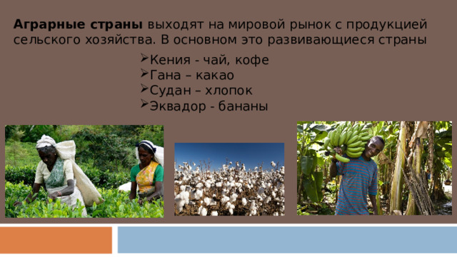 Аграрные страны выходят на мировой рынок с продукцией сельского хозяйства. В основном это развивающиеся страны Кения - чай, кофе Гана – какао Судан – хлопок Эквадор - бананы  