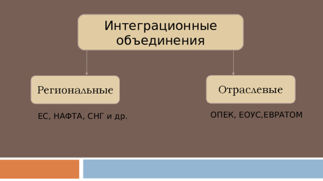 Интеграционные объединения ОПЕК, ЕОУС,ЕВРАТОМ ЕС, НАФТА, СНГ и др. 