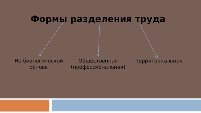 Формы разделения труда На биологической основе Общественная (профессиональная) Территориальная 