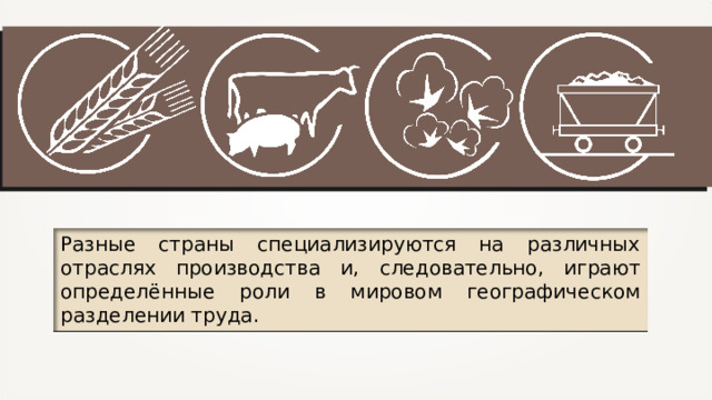 Разные страны специализируются на различных отраслях производства и, следовательно, играют определённые роли в мировом географическом разделении труда. 