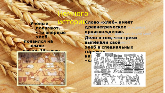 Немного  истории Слово  «хлеб»  имеет древнегреческое  происхождение. Дело в том,  что  греки  выпекали  свой хлеб в специальных горшках,  называемые  «клибанос». Ученые  полагают,  что  впервые  хлеб появился на  земле свыше 15тысяч  лет  назад . 