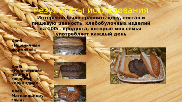 Результаты  исследования  Интересно  было  сравнить  цену,  состав и  пищевую  ценность  хлебобулочных  изделий  на 100г.  продукта,  которые  моя  семья  употребляет  каждый  день Хлеб  «Пшеничный формовой» Хлеб  «Купеческий»  ржаной заварной с  кориандром. Хлеб Матнакаш(круглый) 