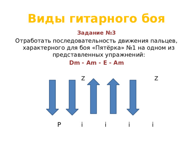 Виды гитарного боя Задание №3 Отработать последовательность движения пальцев, характерного для боя «Пятёрка» №1 на одном из представленных упражнений: Dm - Am - E - Am  Z Z  Р i i i i 