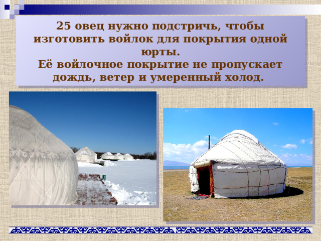 25 овец нужно подстричь, чтобы изготовить войлок для покрытия одной юрты.  Её войлочное покрытие не пропускает дождь, ветер и умеренный холод. 