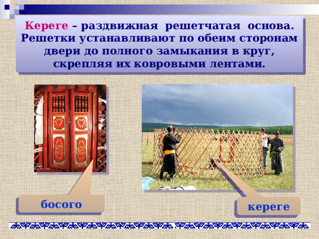 Кереге – раздвижная решетчатая основа. Решетки устанавливают по обеим сторонам двери до полного замыкания в круг, скрепляя их ковровыми лентами. босого кереге 