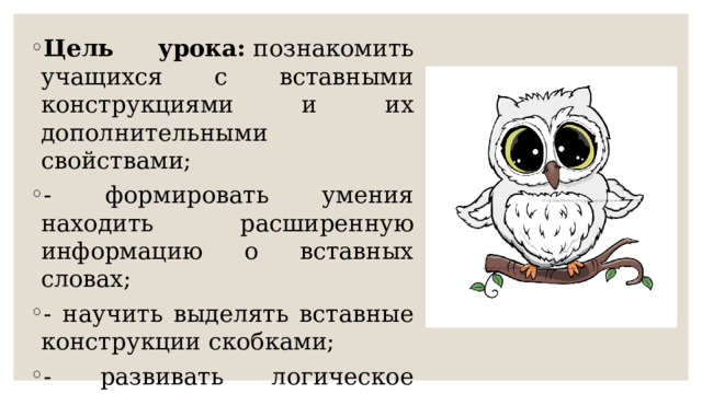 Цель урока:  познакомить учащихся с вставными конструкциями и их дополнительными свойствами; - формировать умения находить расширенную информацию о вставных словах; - научить выделять вставные конструкции скобками; - развивать логическое мышление, творческую активность; - воспитывать интерес к предмету. 