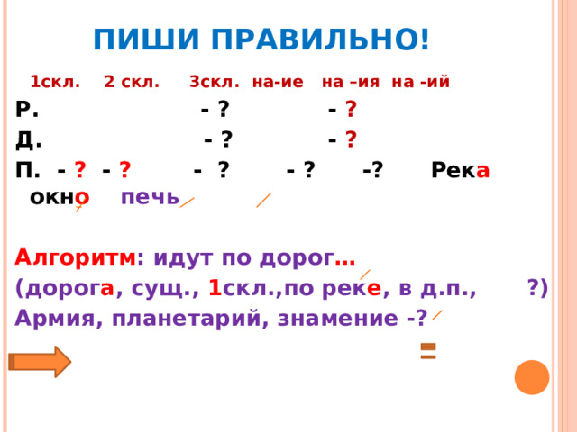  ПИШИ ПРАВИЛЬНО!  1скл. 2 скл. 3скл. на-ие на –ия на -ий Р. - ?  - ?  Д. - ?  - ?  П. -  ? - ? - ?  - ?  -?  Рек а окн о печь  Алгоритм : идут по дорог … (дорог а , сущ., 1 скл.,по рек е , в д.п.,  ?) Армия, планетарий, знамение -?   