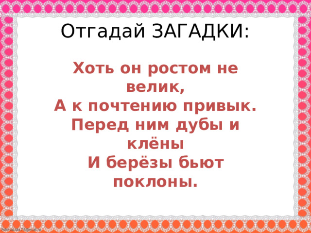 Отгадай ЗАГАДКИ: Хоть он ростом не велик, А к почтению привык. Перед ним дубы и клёны И берёзы бьют поклоны. 