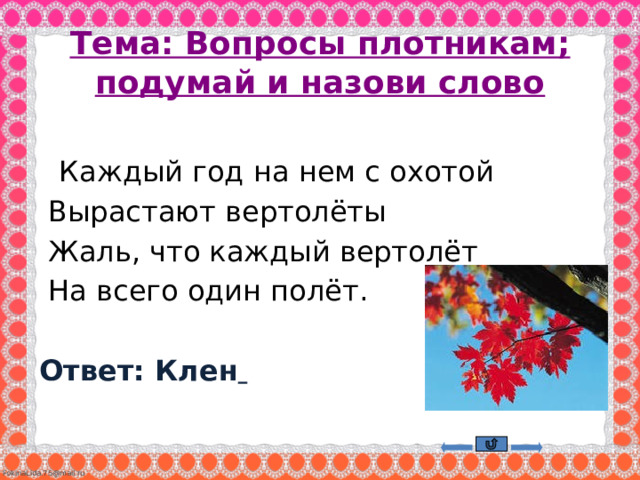 Тема: Вопросы плотникам;  подумай и назови слово   Каждый год на нем с охотой   Вырастают вертолёты   Жаль, что каждый вертолёт   На всего один полёт.  Ответ: Клен     