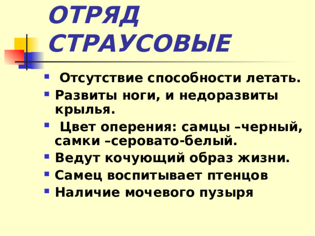 ОТРЯД СТРАУСОВЫЕ  Отсутствие способности летать. Развиты ноги, и недоразвиты крылья.  Цвет оперения: самцы –черный, самки –серовато-белый. Ведут кочующий образ жизни. Самец воспитывает птенцов Наличие мочевого пузыря 