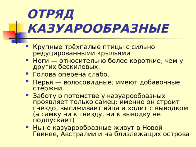ОТРЯД КАЗУАРООБРАЗНЫЕ Крупные трёхпалые птицы с сильно редуцированными крыльями Ноги — относительно более короткие, чем у других бескилевых. Голова оперена слабо. Перья — волосовидные; имеют добавочные стержни. Заботу о потомстве у казуарообразных проявляет только самец: именно он строит гнездо, высиживает яйца и ходит с выводком (а самку ни к гнезду, ни к выводку не подпускает) Ныне казуарообразные живут в Новой Гвинее, Австралии и на близлежащих острова 