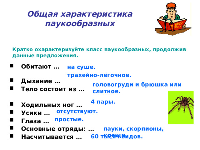 Общая характеристика паукообразных Кратко охарактеризуйте класс паукообразных, продолжив данные предложения. Обитают … Дыхание … Тело состоит из …  Ходильных ног … Усики … Глаза … Основные отряды: … Насчитывается …   на суше. трахейно-лёгочное. головогруди и брюшка или слитное. 4 пары. отсутствуют. простые. пауки, скорпионы, клещи. 60 тысяч видов. 
