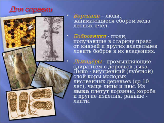Бортники  – люди, занимающиеся сбором мёда лесных пчёл.  Бобровники  - люди, получавшие в старину право от князей и других владельцев ловить бобров в их владениях.  Лыкодёры - промышляющие сдираньем с деревьев лыка. Лыко - внутренний (лубяной) слой коры молодых лиственных деревьев (до 10 лет), чаще липы и ивы. Из лыка плетут корзины, короба и другие изделия, раньше - лапти.   