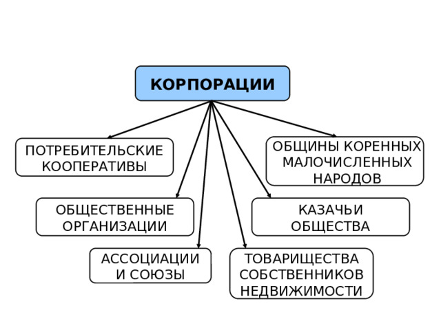 КОРПОРАЦИИ ОБЩИНЫ КОРЕННЫХ МАЛОЧИСЛЕННЫХ НАРОДОВ ПОТРЕБИТЕЛЬСКИЕ КООПЕРАТИВЫ ОБЩЕСТВЕННЫЕ КАЗАЧЬИ ОБЩЕСТВА ОРГАНИЗАЦИИ ТОВАРИЩЕСТВА АССОЦИАЦИИ СОБСТВЕННИКОВ И СОЮЗЫ НЕДВИЖИМОСТИ  