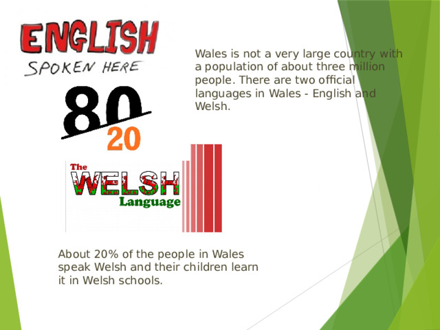 Wales is not a very large country with a population of about three million people. There are two official languages in Wales ​​- English and Welsh. Уэльс не очень большая страна с населением около трех миллионов человек. В Уэльсе два официальных языка – валлийский и английский. Около 20% жителей Уэльса говорят на валлийском языке, и дети изучают его в школах.  About 20% of the people in Wales speak Welsh and their children learn it in Welsh schools.  