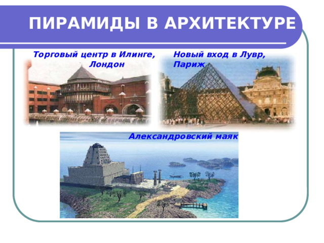 ПИРАМИДЫ В АРХИТЕКТУРЕ Новый вход в Лувр, Париж Торговый центр в Илинге, Лондон Александровский маяк 