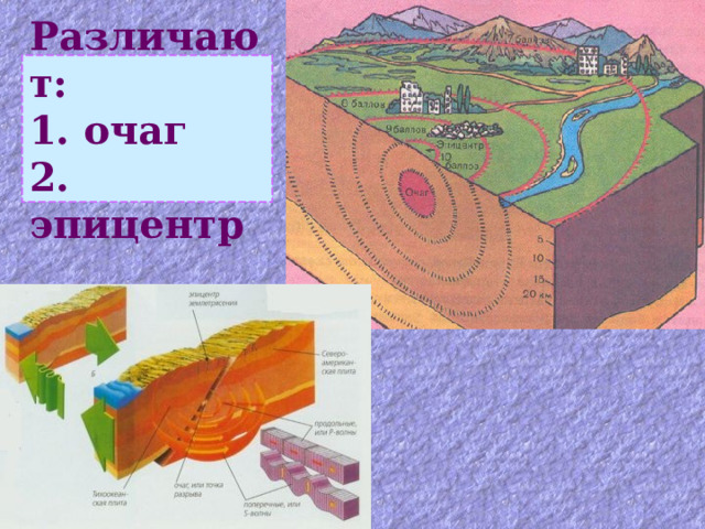 Различают:  1. очаг  2. эпицентр 