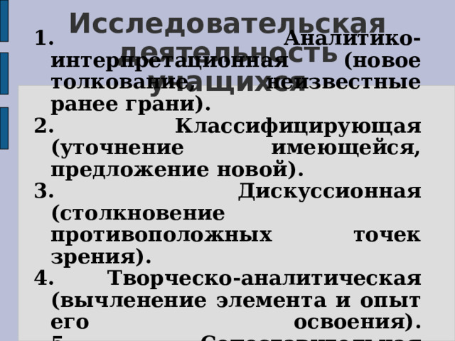 Исследовательская деятельность учащихся 1. Аналитико-интерпретационная (новое толкование, неизвестные ранее грани). 2. Классифицирующая (уточнение имеющейся, предложение новой). 3. Дискуссионная (столкновение противоположных точек зрения). 4. Творческо-аналитическая (вычленение элемента и опыт его освоения).  5. Сопоставительная (сравнение элементов). 