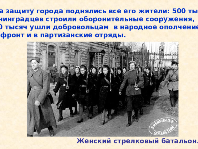  На защиту города поднялись все его жители: 500 тысяч ленинградцев строили оборонительные сооружения, 300 тысяч ушли добровольцам в народное ополчение, на фронт и в партизанские отряды. Женский стрелковый батальон. На защиту города поднялись все его жители: 500 тысяч ленинградцев строили оборонительные сооружения, 300 тысяч ушли добровольцам в народное ополчение, на фронт и в партизанские отряды. Женский стрелковый батальон. 