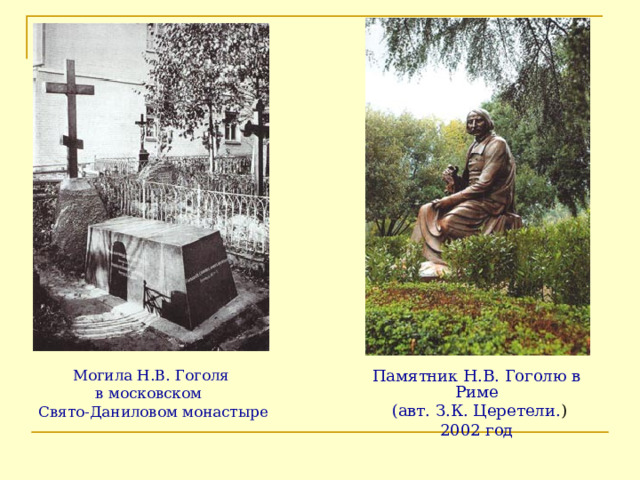 Памятник Н.В. Гоголю в Риме  (авт. З.К. Церетели. ) 2002 год Могила Н.В. Гоголя в московском Свято-Даниловом монастыре 