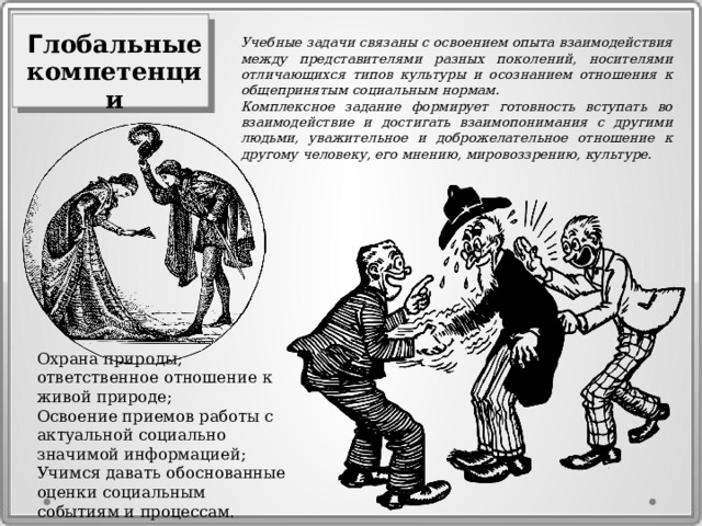 Г лобальные компетенции Учебные задачи связаны с освоением опыта взаимодействия между представителями разных поколений, носителями отличающихся типов культуры и осознанием отношения к общепринятым социальным нормам. Комплексное задание формирует готовность вступать во взаимодействие и достигать взаимопонимания с другими людьми, уважительное и доброжелательное отношение к другому человеку, его мнению, мировоззрению, культуре. Охрана природы, ответственное отношение к живой природе; Освоение приемов работы с актуальной социально значимой информацией; Учимся давать обоснованные оценки социальным событиям и процессам. 