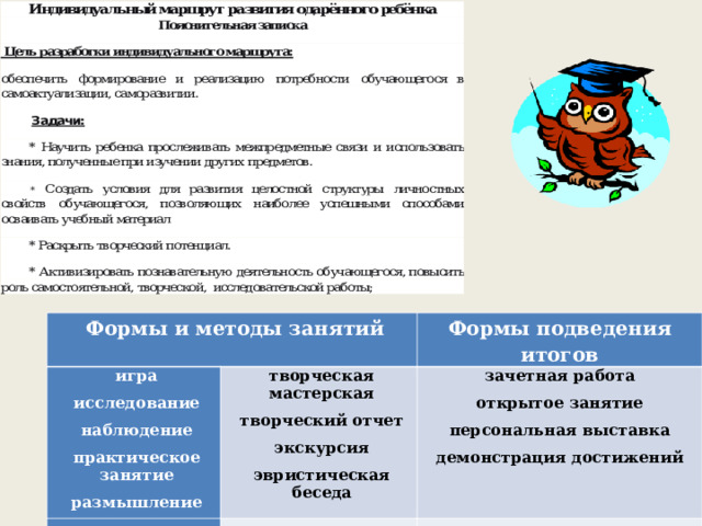 Формы и методы занятий игра исследование наблюдение практическое занятие размышление Формы подведения итогов творческая мастерская творческий отчет экскурсия эвристическая беседа зачетная работа открытое занятие персональная выставка демонстрация достижений 