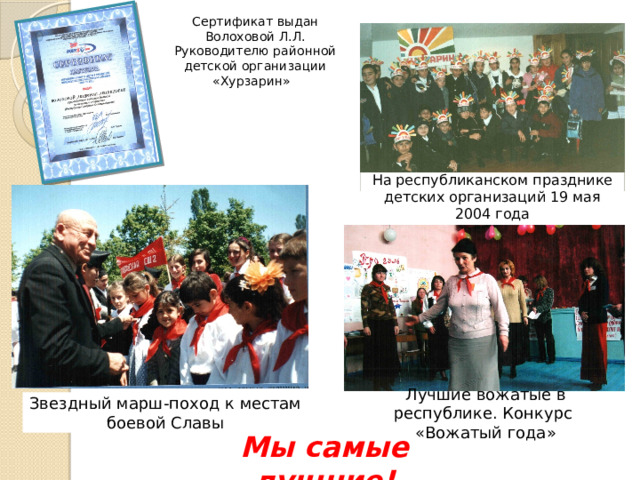 Сертификат выдан Волоховой Л.Л. Руководителю районной детской организации «Хурзарин» На республиканском празднике детских организаций 19 мая 2004 года Звездный марш-поход к местам боевой Славы Лучшие вожатые в республике. Конкурс «Вожатый года» Мы самые лучшие! 