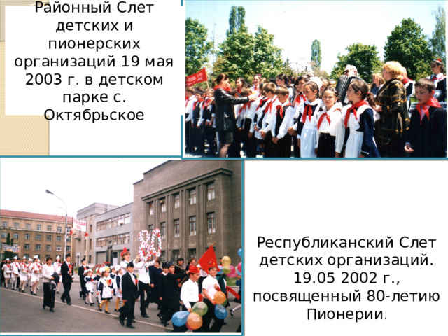 Районный Слет детских и пионерских организаций 19 мая 2003 г. в детском парке с. Октябрьское Республиканский Слет детских организаций. 19.05 2002 г., посвященный 80-летию Пионерии . 