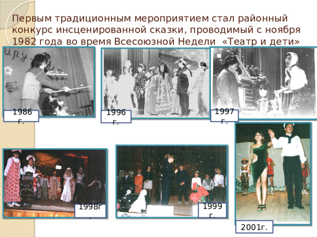 Первым традиционным мероприятием стал районный конкурс инсценированной сказки, проводимый с ноября 1982 года во время Всесоюзной Недели «Театр и дети» 1997г.  1986 г. 1996г. 1999г. 1998г. 2001г. 