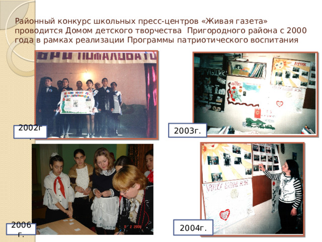 Районный конкурс школьных пресс-центров «Живая газета» проводится Домом детского творчества Пригородного района с 2000 года в рамках реализации Программы патриотического воспитания 2003г. 2002г. 2004г. 2006г. 
