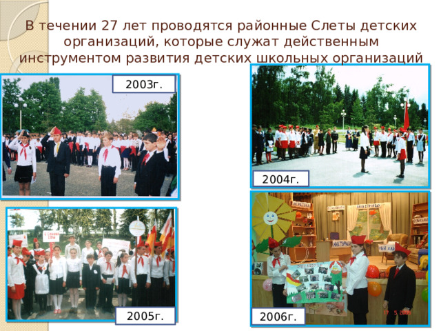 В течении 27 лет проводятся районные Слеты детских организаций, которые служат действенным инструментом развития детских школьных организаций 2003г. 2004г. 2005г. 2006г. 