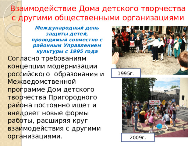Взаимодействие Дома детского творчества с другими общественными организациями Международный день защиты детей, проводимый совместно с районным Управлением культуры с 1995 года Согласно требованиям концепции модернизации российского образования и Межведомственной программе Дом детского творчества Пригородного района постоянно ищет и внедряет новые формы работы, расширяя круг взаимодействия с другими организациями. 1995г. 2009г. 