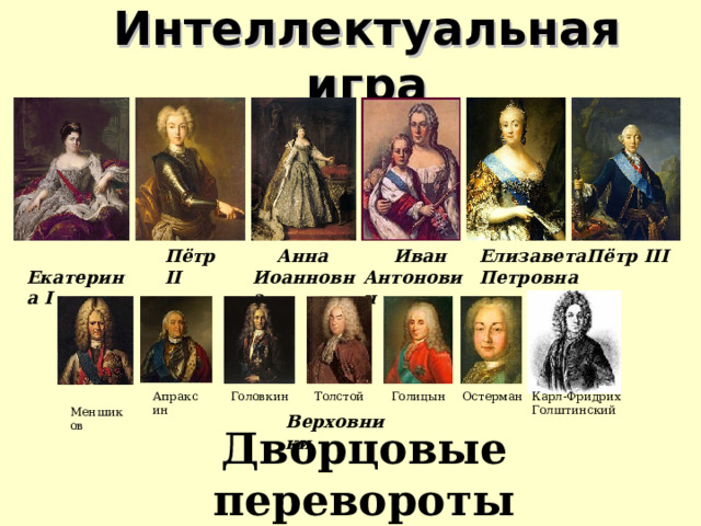   Интеллектуальная игра Елизавета Петровна  Иван Антонович  Анна Иоанновна Пётр II  Екатерина I Пётр III  Меншиков Остерман Голицын Апраксин Толстой Головкин Карл-Фридрих Голштинский Верховники Дворцовые перевороты 