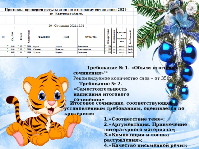  Требование № 1. «Объем итогового сочинения» 19 Рекомендуемое количество слов – от 350. Требование № 2. «Самостоятельность написания итогового сочинения» Итоговое сочинение, соответствующее установленным требованиям, оценивается по критериям: « Соответствие теме » ; « Аргументация. Привлечение литературного материала » ; « Композиция и логика рассуждения » ; « Качество письменной речи » ; « Грамотность » . « Соответствие теме » ; « Аргументация. Привлечение литературного материала » ; « Композиция и логика рассуждения » ; « Качество письменной речи » ; « Грамотность » . « Соответствие теме » ; « Аргументация. Привлечение литературного материала » ; « Композиция и логика рассуждения » ; « Качество письменной речи » ; « Грамотность » . « Соответствие теме » ; « Аргументация. Привлечение литературного материала » ; « Композиция и логика рассуждения » ; « Качество письменной речи » ; « Грамотность » . « Соответствие теме » ; « Аргументация. Привлечение литературного материала » ; « Композиция и логика рассуждения » ; « Качество письменной речи » ; « Грамотность » . 