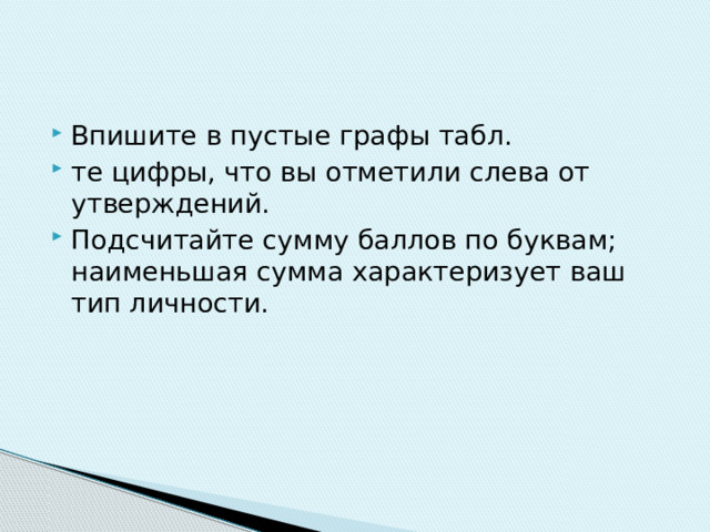 Впишите в пустые графы табл. те цифры, что вы отметили слева от утверждений. Подсчитайте сумму баллов по буквам; наименьшая сумма характеризует ваш тип личности. 