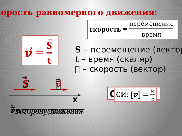 Скорость равномерного движения:   скорость =  =    𝐒 –  перемещение (вектор) 𝐭 – время (скаляр) 𝒗 – скорость (вектор)     СИ: [𝒗] =   х   