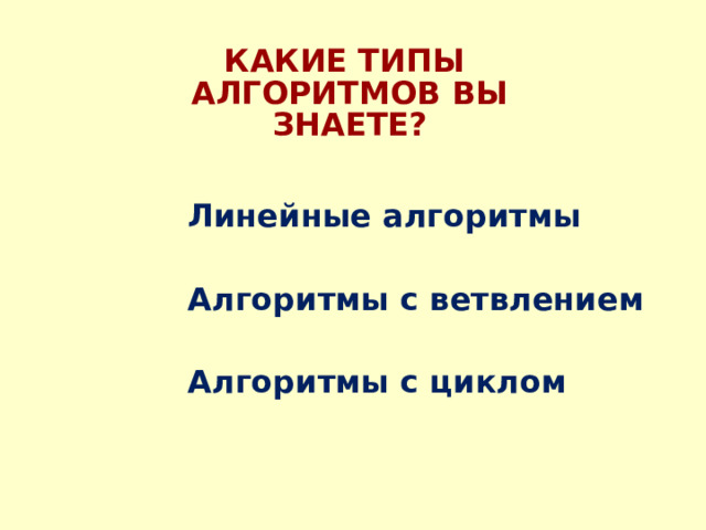 КАКИЕ ТИПЫ  АЛГОРИТМОВ ВЫ ЗНАЕТЕ? Линейные алгоритмы Алгоритмы с ветвлением Алгоритмы с циклом 
