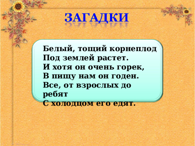 Белый, тощий корнеплод  Под землей растет.  И хотя он очень горек,  В пищу нам он годен.  Все, от взрослых до ребят  С холодцом его едят. 