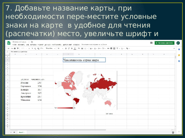 7. Добавьте название карты, при необходимости пере-местите условные знаки на карте в удобное для чтения (распечатки) место, увеличьте шрифт и размер карты, впишите свои данные. Распечатайте лист. 