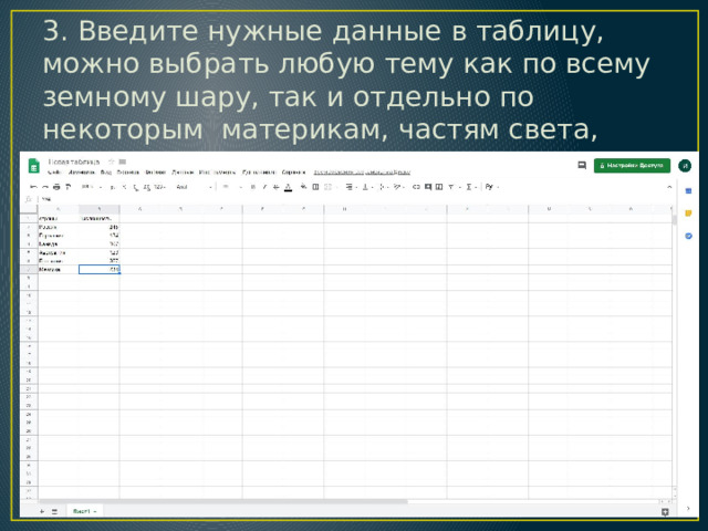 3. Введите нужные данные в таблицу, можно выбрать любую тему как по всему земному шару, так и отдельно по некоторым материкам, частям света, странам (см. 10 слайд) 