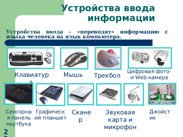 Устройства ввода информации Устройства ввода – «переводят» информацию с языка человека на язык компьютера.  Цифровая фото- и Web -камера Клавиатура Мышь Трекбол Джойстик Звуковая карта и микрофон Сканер Графический планшет Сенсорная панель ноутбука  